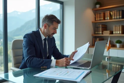 Conseiller fiscal en costume marine examinant des documents d'optimisation fiscale pour yacht dans un bureau moderne à Andorre avec vue sur les montagnes