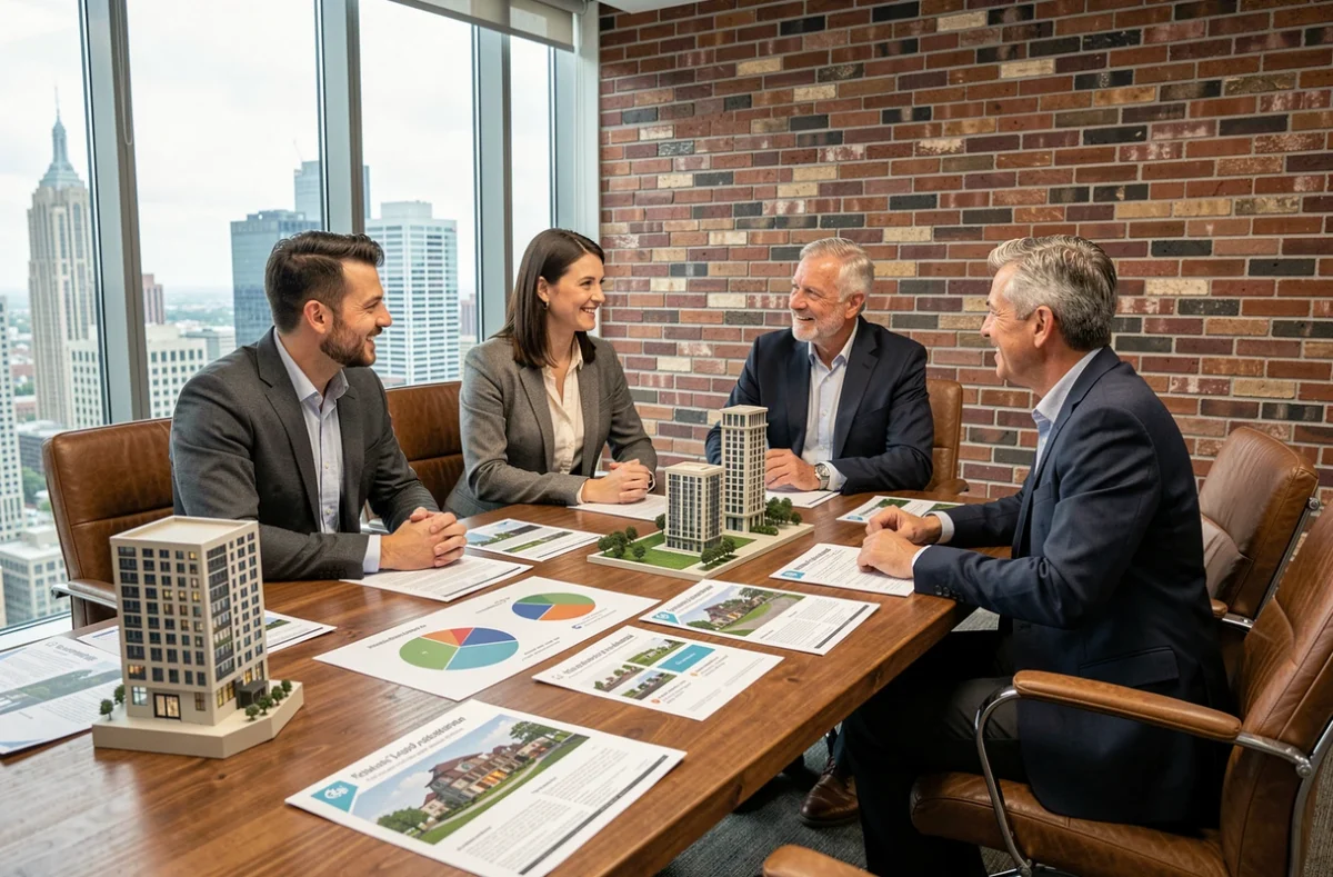 Groupe de conseillers financiers discutant de la diversification d'un portefeuille SCPI autour d'une table de réunion