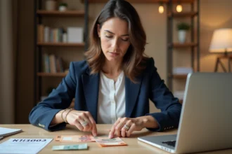 Femme comptant des dirhams marocains et des euros sur un bureau en bois dans un bureau à domicile moderne