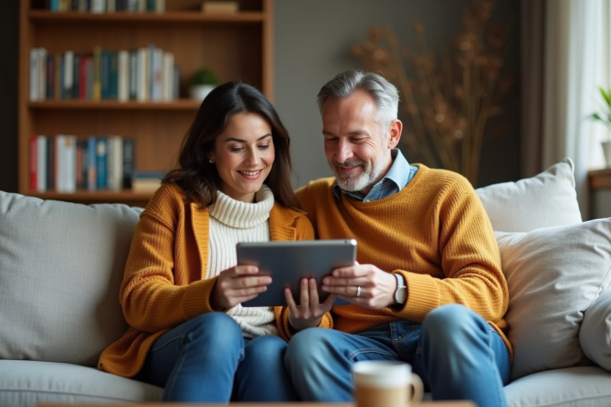 Couple consultant une application bancaire sur tablette pour gérer leur épargne et comprendre les avantages du Livret A