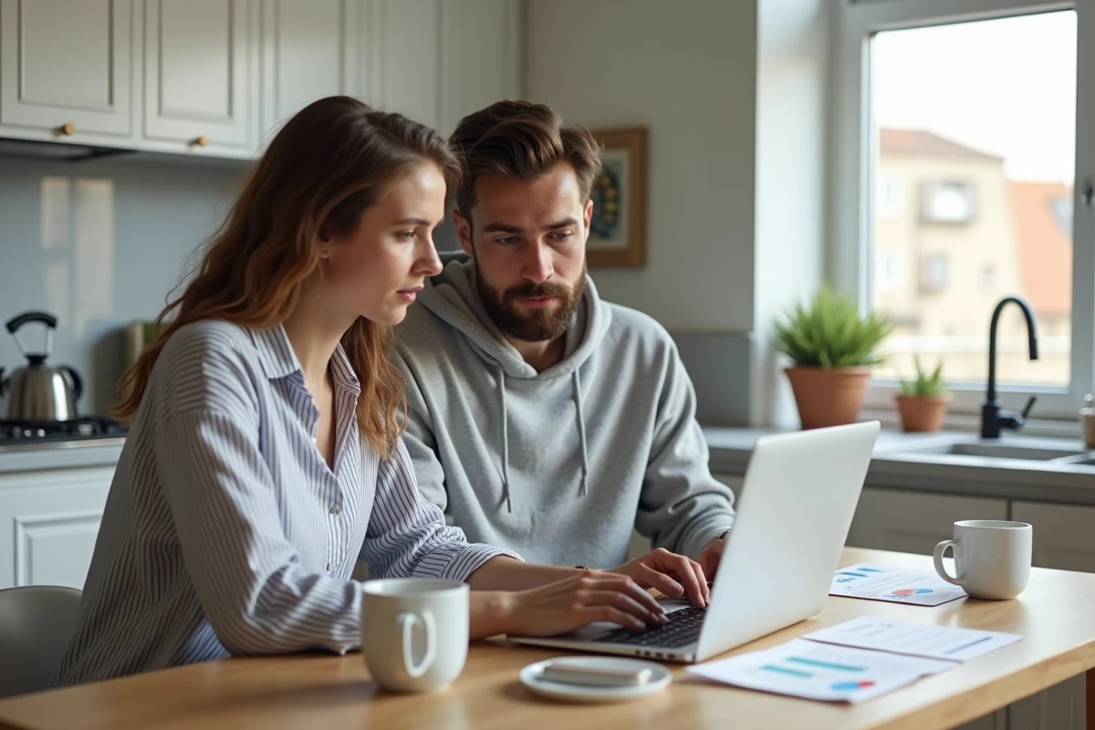 Couple comparant les alternatives au compte à terme Crédit Agricole sur un ordinateur portable