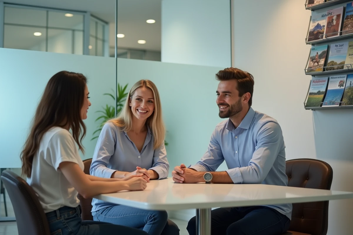 Jeune couple discutant avec un conseiller en assurance dans un bureau lumineux