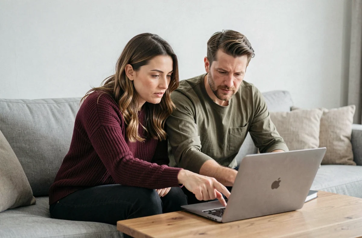 Couple consultant le site Sogecap sur un ordinateur portable pour contacter leur assurance emprunteur