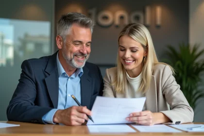 Couple souriant discutant de documents dans une banque