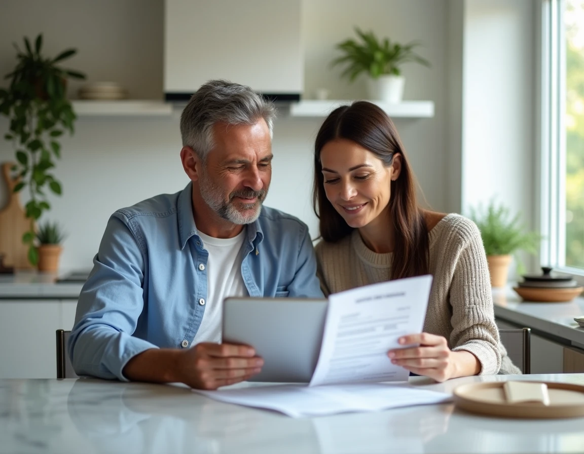 Couple discutant des plafonds de virement et des démarches pour changer de banque autour de relevés bancaires