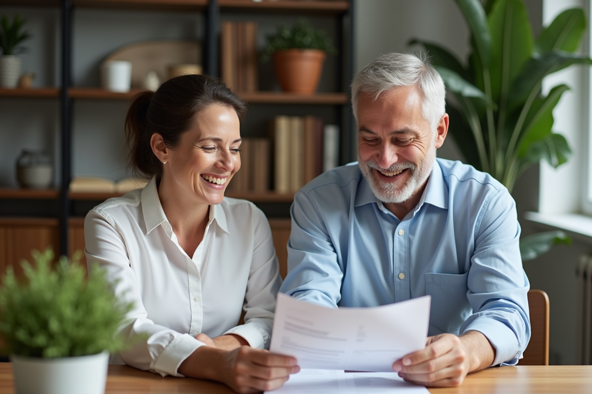 Couple souriant à la maison examine documents d'investissement