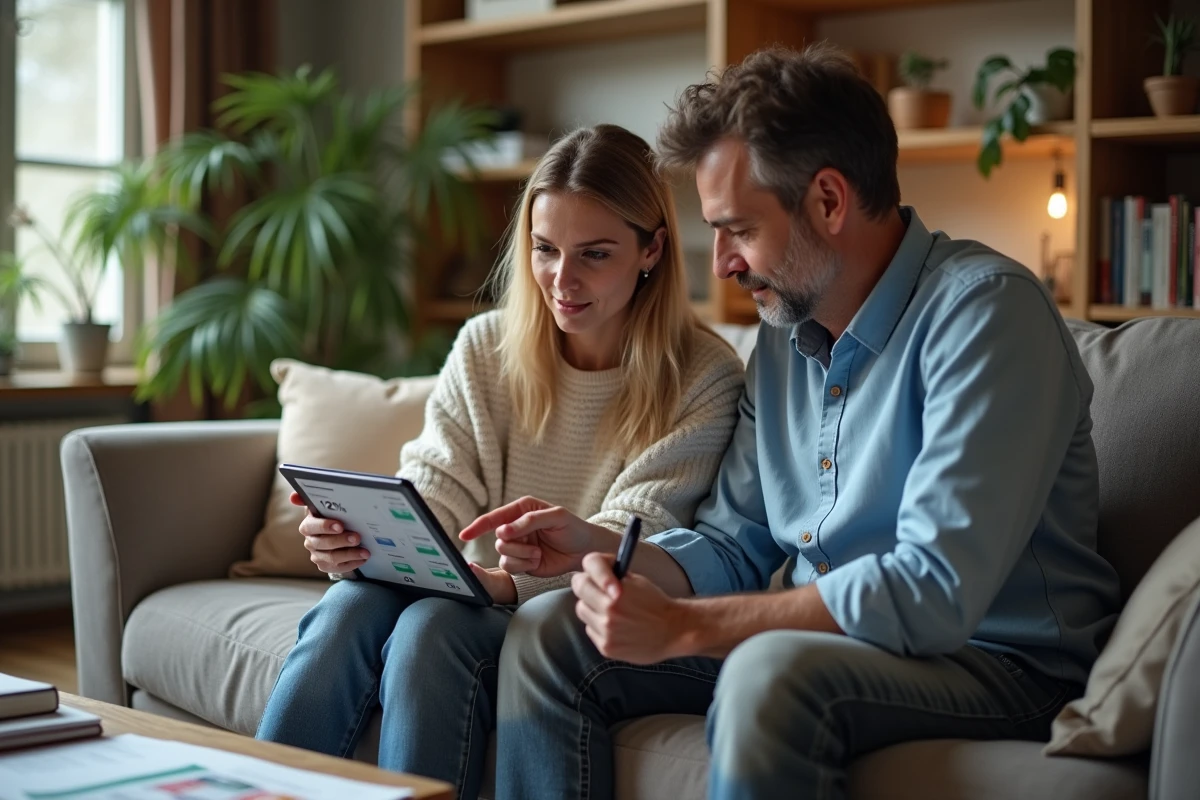 Couple examinant un simulateur de taux de crédit immobilier sur tablette à domicile