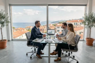 Un courtier immobilier professionnel conseille un couple dans un bureau moderne avec vue sur la mer à Nice