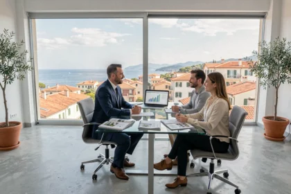 Un courtier immobilier professionnel conseille un couple dans un bureau moderne avec vue sur la mer à Nice