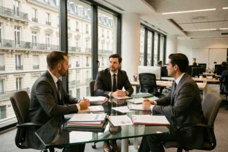 Réunion de courtiers en assurance dans un bureau moderne à Paris avec vue sur les façades haussmanniennes