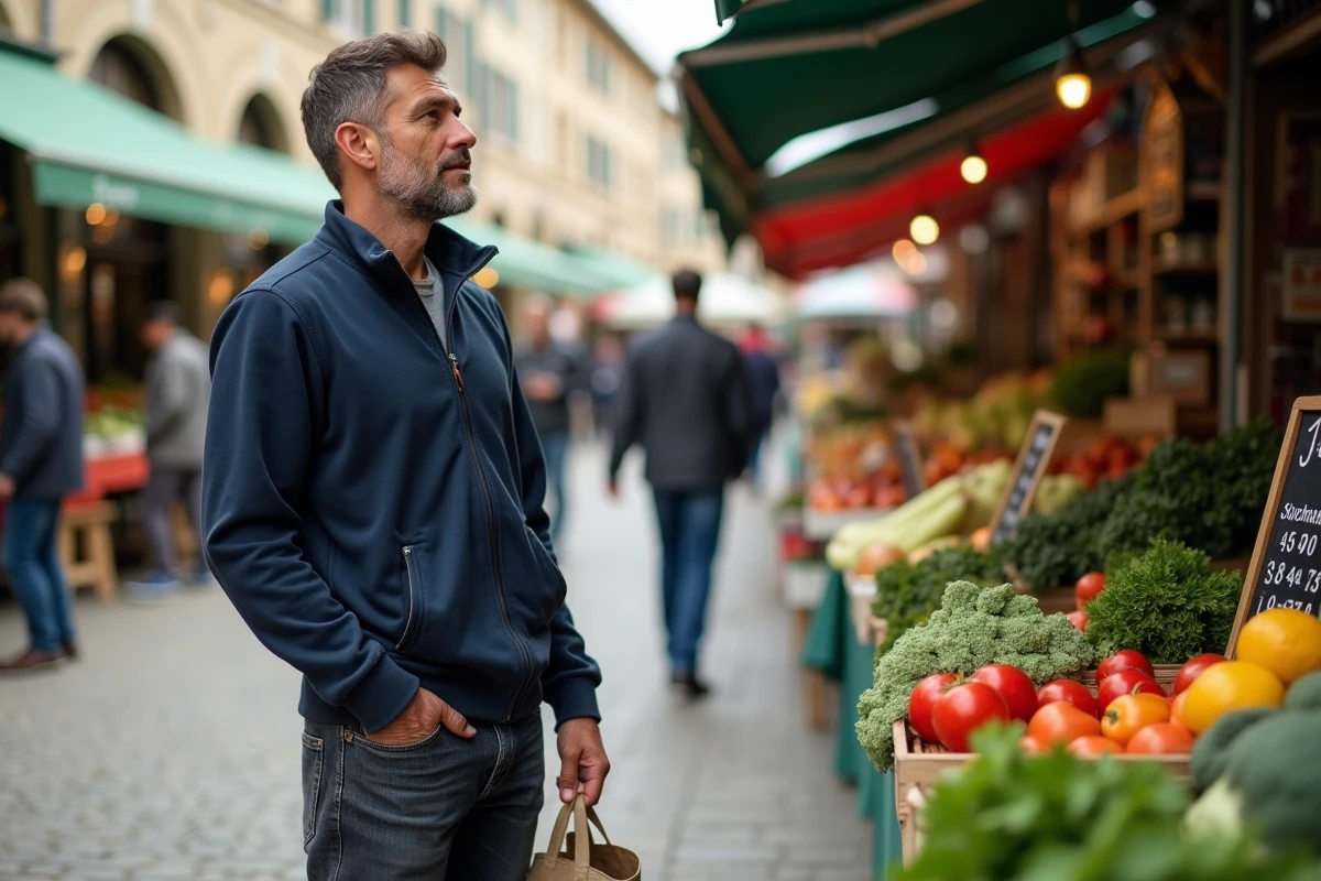 Homme au marché d'une ville de province française comparant les prix des produits alimentaires, représentant le pouvoir d'achat et le coût de la vie selon la région