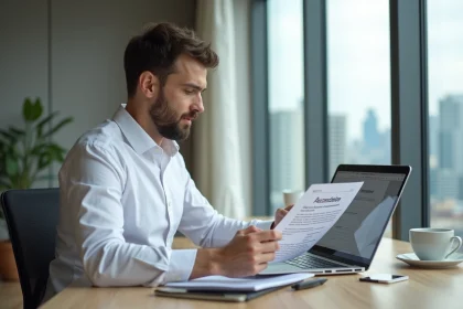 Entrepreneur consultant les documents pour créer une société à l'étranger via une plateforme spécialisée