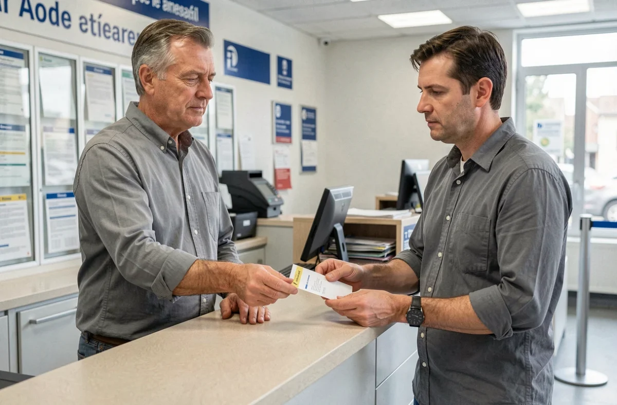 Client déposant une enveloppe au guichet de La Poste pour envoi au Centre Financier