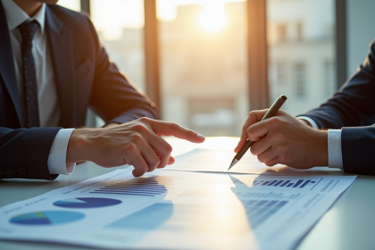 Deux professionnels d'affaires analysant des documents financiers