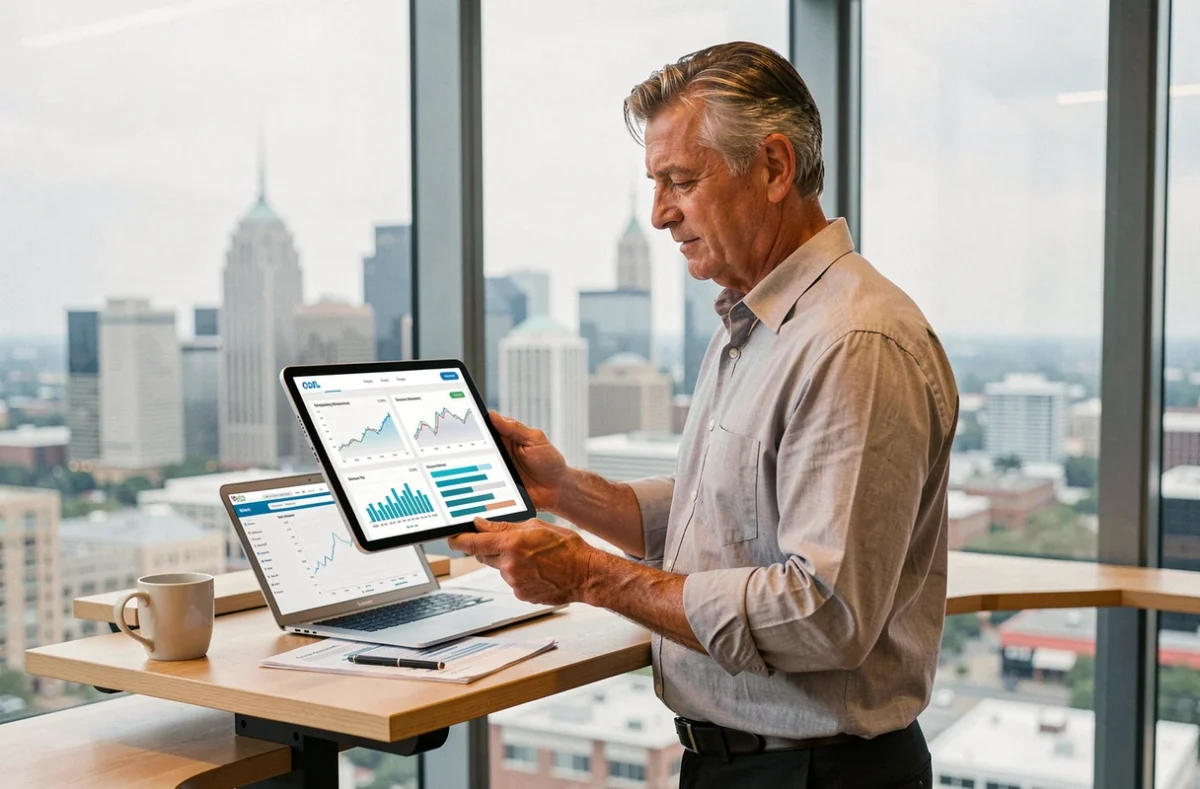 Directeur financier debout utilisant une tablette avec un logiciel de comptabilité cloud pour piloter la trésorerie d'entreprise