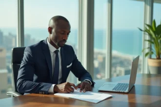 Dirigeant africain en costume analysant des documents financiers dans un bureau moderne avec vue sur la ville de Dakar