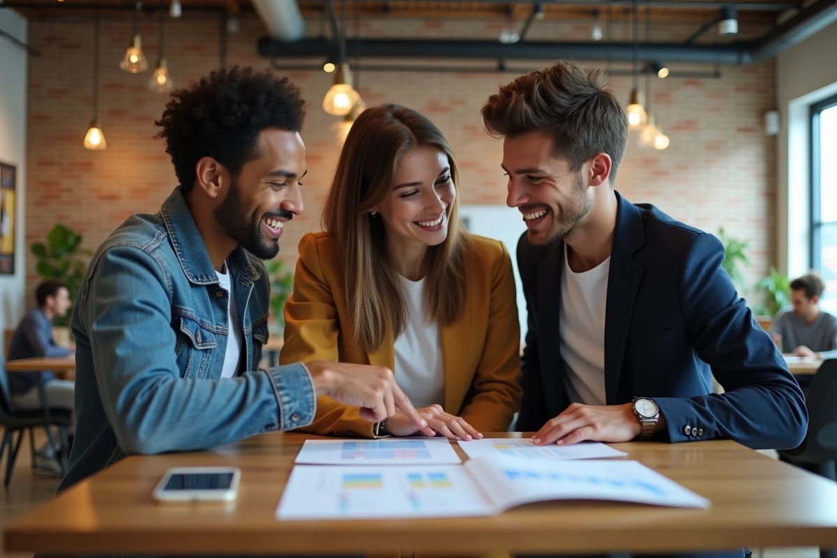 Groupe de jeunes professionnels discutant des conditions cachées d'un prêt immobilier flexible dans un espace de coworking