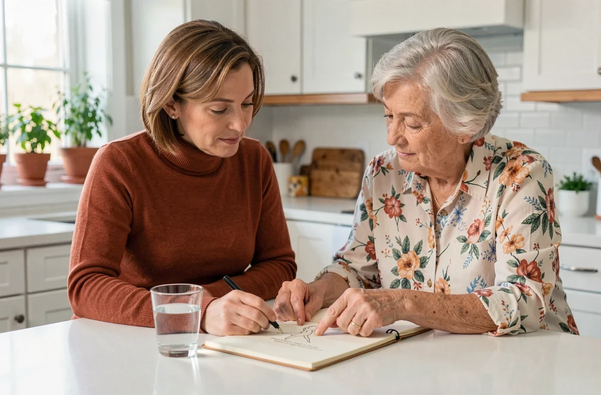 Deux femmes de générations différentes discutent autour d'un bloc-notes dans une cuisine lumineuse, évoquant une conversation sur les plafonds de donation d'argent sans imposition