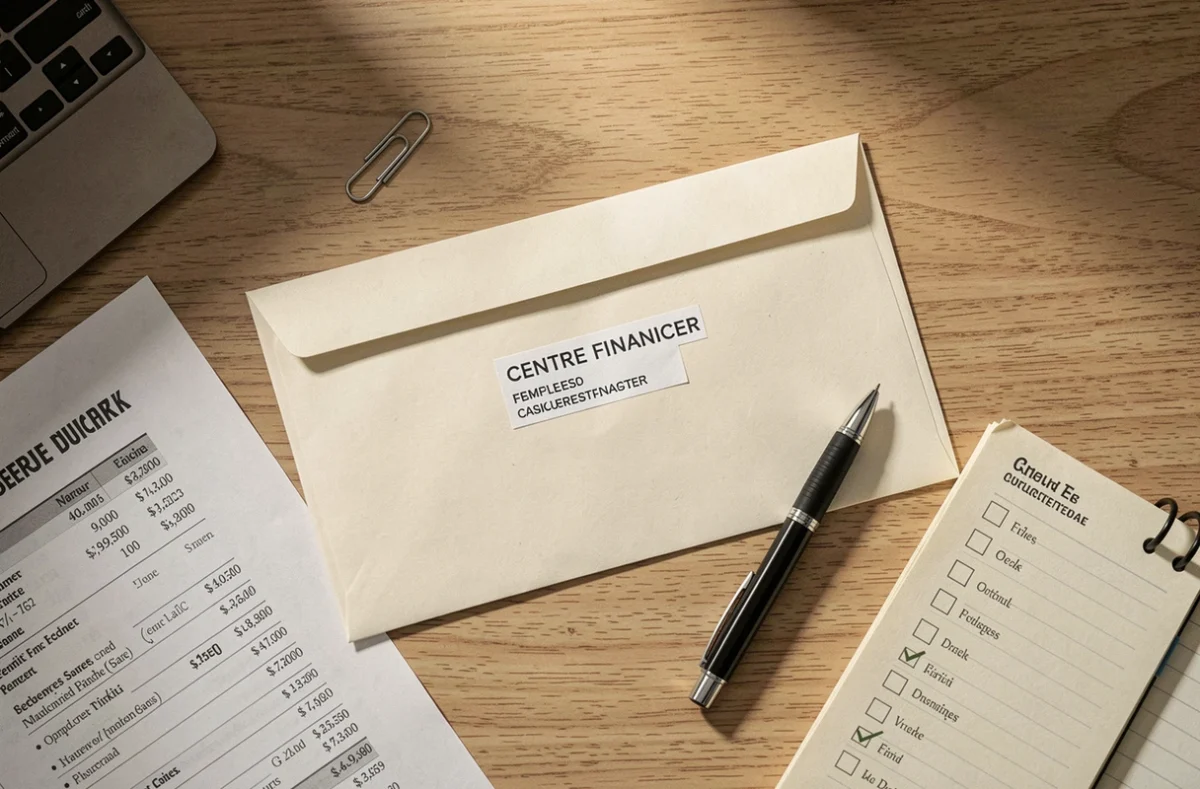 Documents financiers et enveloppe adressée au Centre Financier de La Banque Postale prêts à être envoyés