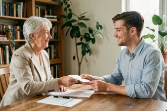 Une femme d'une cinquantaine d'années remet une enveloppe cadeau à un jeune adulte autour d'une table familiale, symbolisant une donation d'argent entre proches