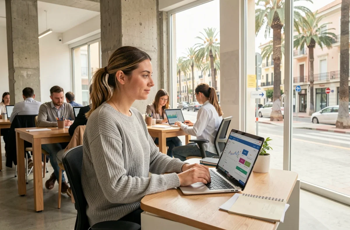 Courtière Easy-Finance travaillant sur une plateforme de comparaison de crédits immobiliers dans un espace de coworking à Nice
