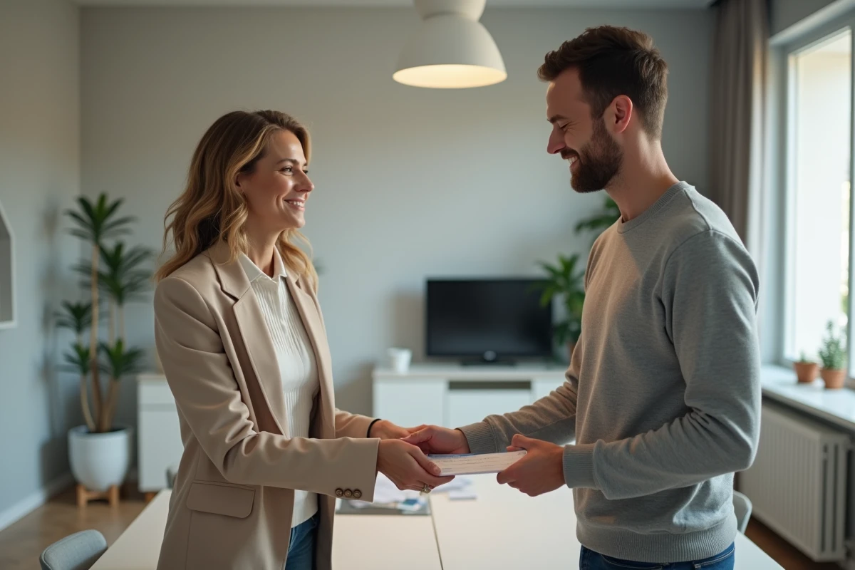 Deux particuliers échangeant un chèque lors d'une transaction privée dans un appartement moderne, illustrant les règles légales sur les plafonds de paiement par chèque