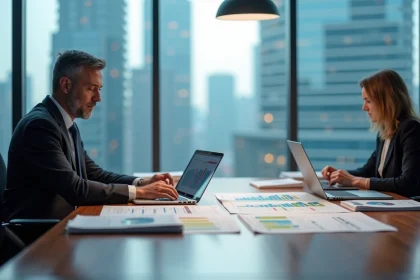 Économiste en costume analysant des graphiques de PIB par pays sur une table de conférence dans un bureau vitré avec vue sur skyline urbain
