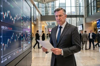 Économiste analysant les taux de change dollar américain et yuan chinois devant un tableau de cotations financières dans un centre d'affaires moderne