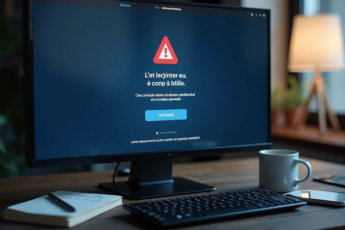 Écran d'ordinateur affichant un message de compte bloqué sur une interface de connexion bancaire avec un carnet de notes à côté