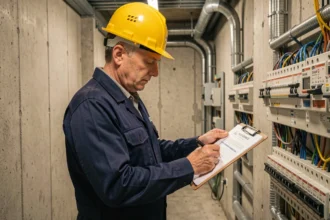 Électricien professionnel examinant un contrat d'assurance décennale dans une salle de distribution électrique