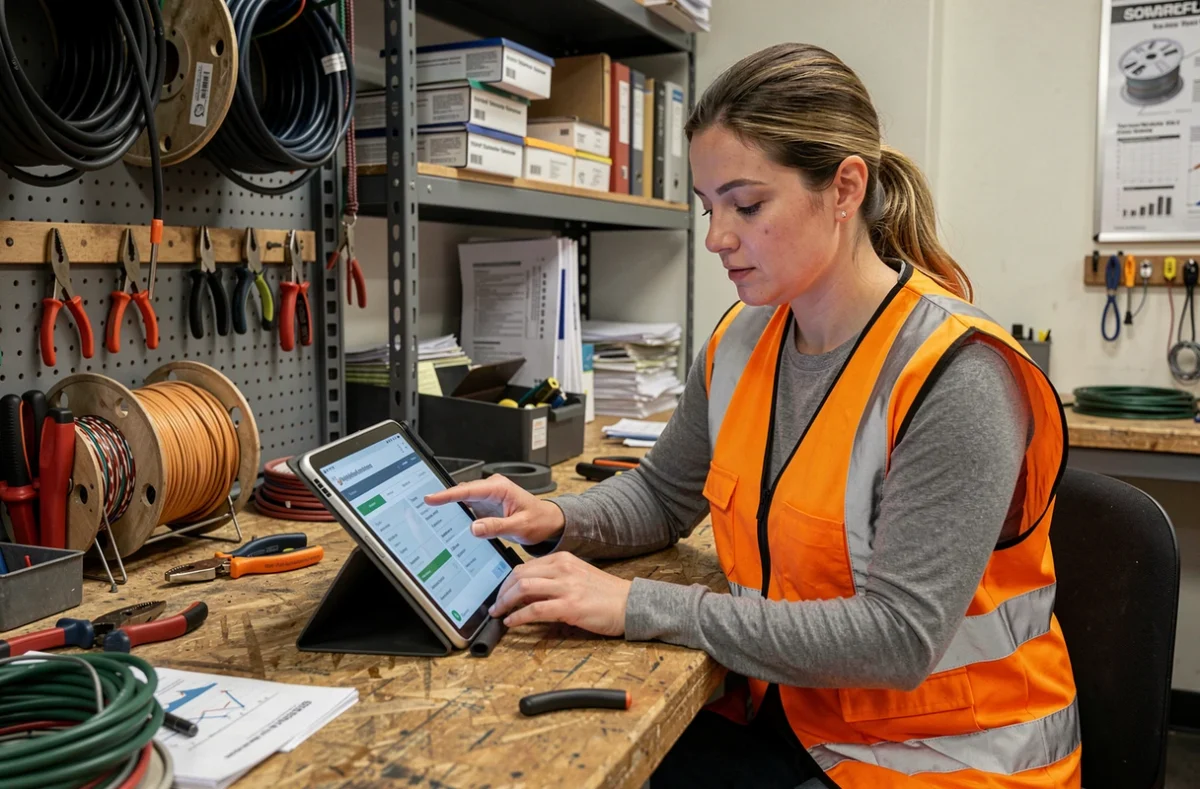 Électricienne indépendante comparant des offres d'assurance décennale sur une tablette dans son atelier