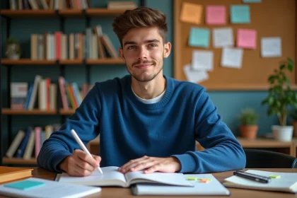 Jeune étudiant en économie avec notes et livres