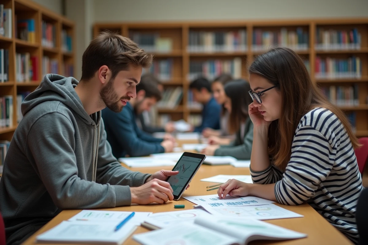Deux étudiants collaborant sur des ressources pédagogiques liées à l'investissement en bourse dans une bibliothèque universitaire