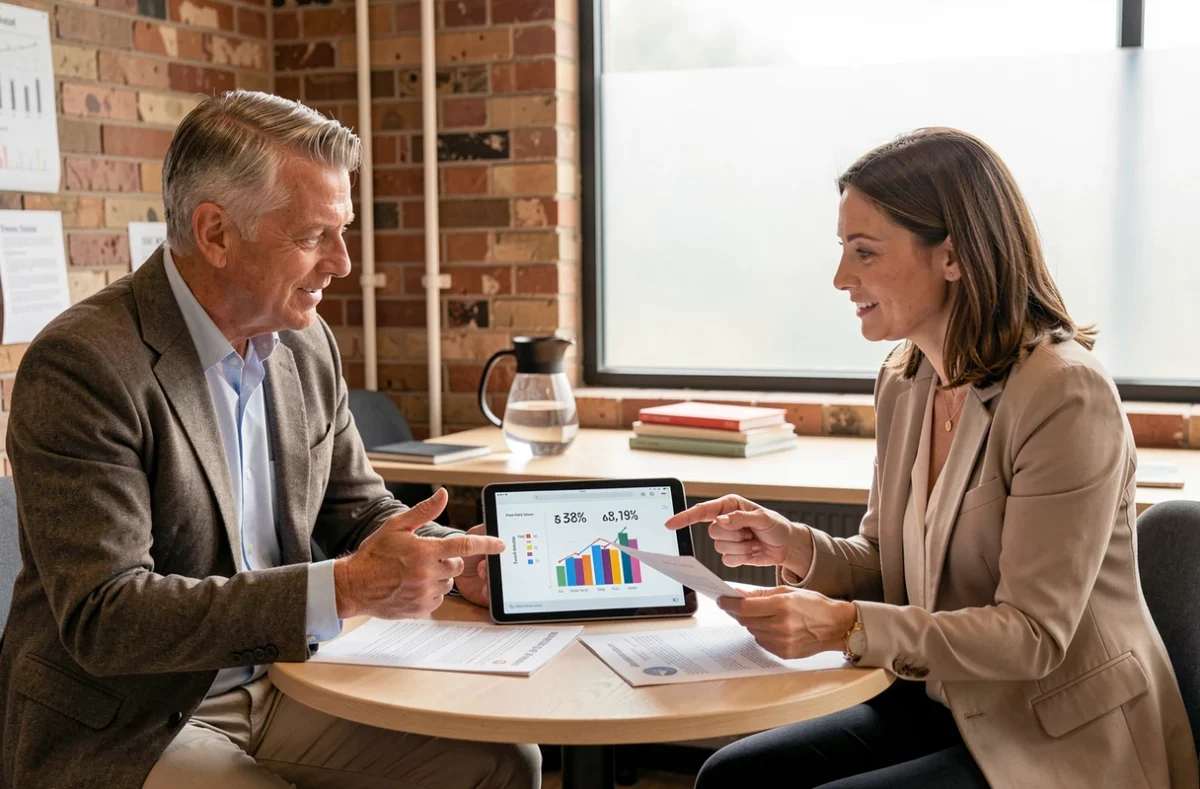 Deux experts en investissement immobilier discutant des prévisions de rendement SCPI autour d'une tablette dans un espace de coworking