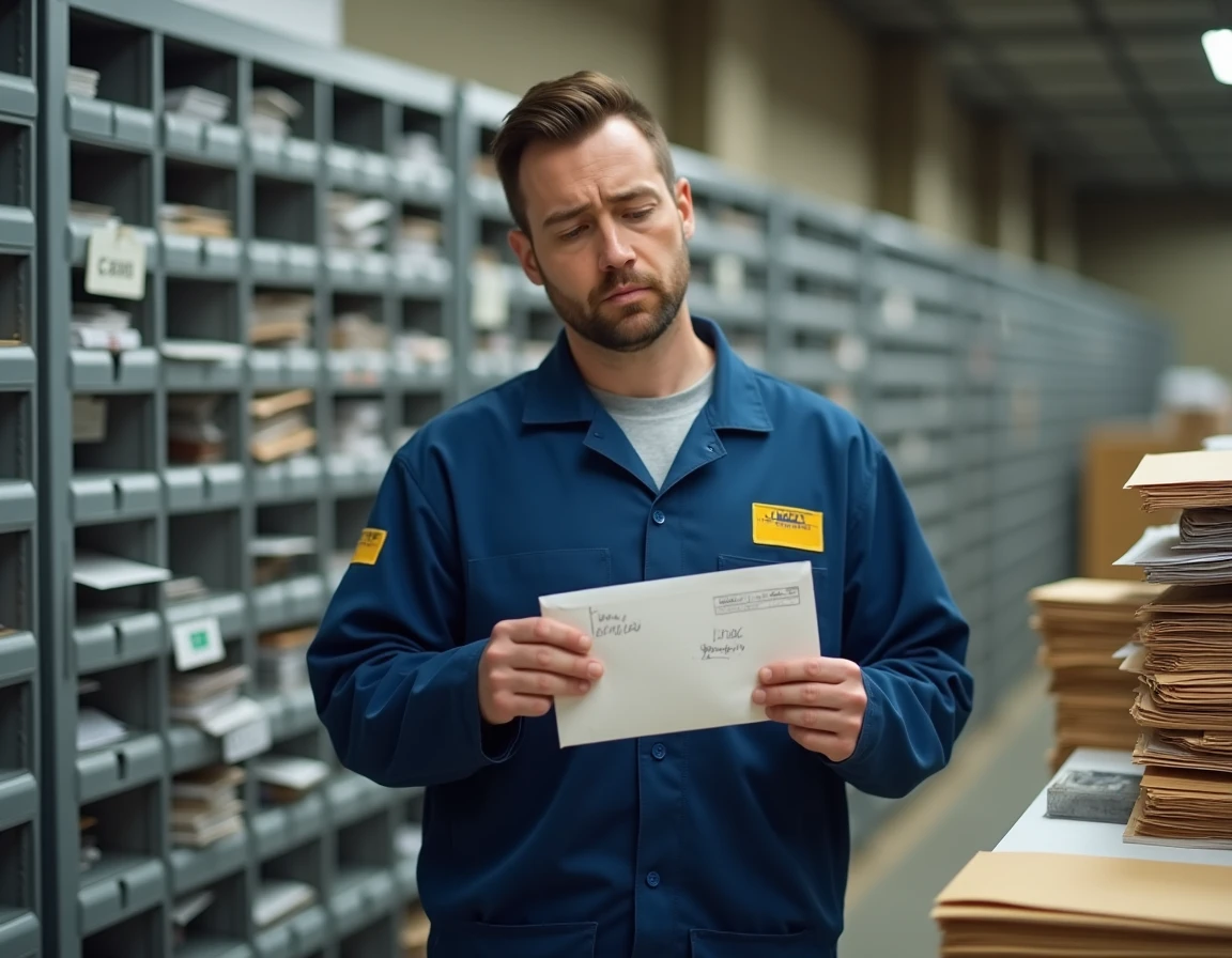 Facteur tenant une enveloppe mal adressée dans un centre de tri postal, représentant les problèmes liés aux erreurs d'adresse pour La Banque Postale à La Source