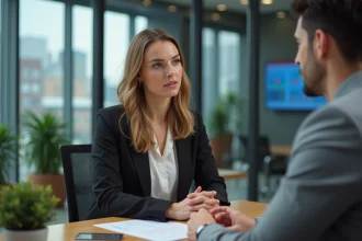 Femme d affaires en réunion dans une banque moderne