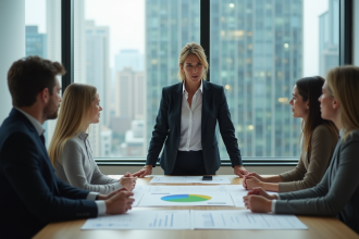 Femme d affaires regardant un graphique sur les emissions de carbone
