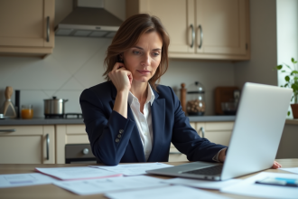 Femme d'affaires en costume dans une cuisine moderne