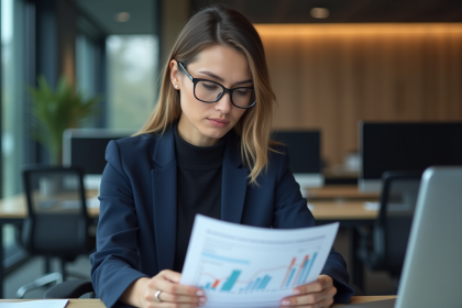 Femme d affaires en costume regardant des graphiques financiers