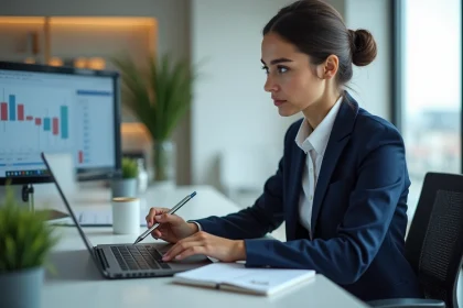 Jeune femme en costume d'affaires travaillant sur un ordinateur