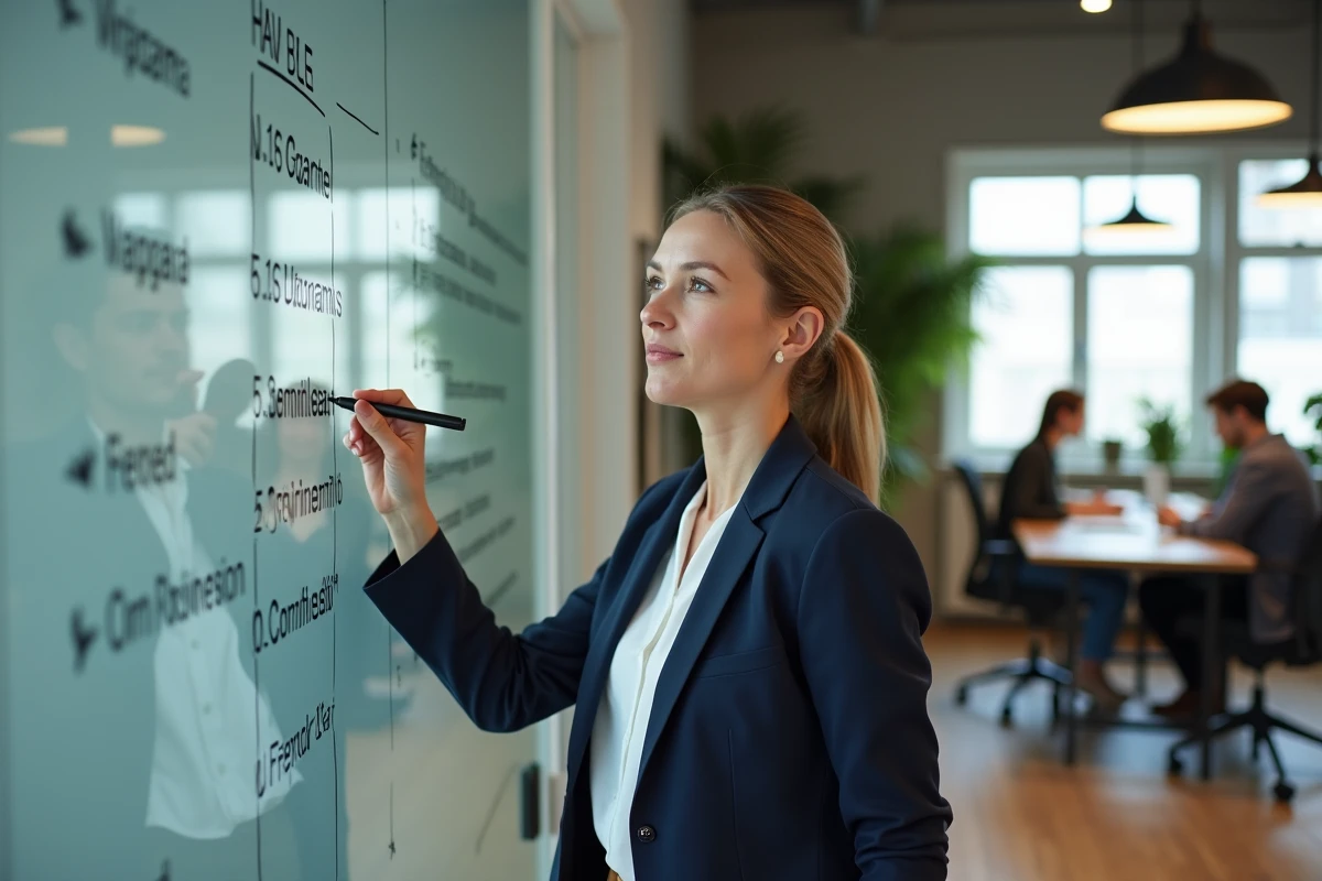 Femme d'affaires présentant les options de création de société offshore dans un espace de coworking moderne