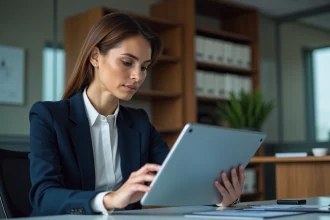 Femme d affaires en blazer navy consulte une tablette