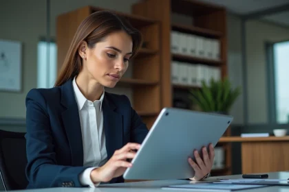Femme d affaires en blazer navy consulte une tablette