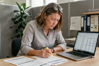 Femme cadre analysant sa fiche de paie et les cotisations sur les heures supplémentaires à son bureau
