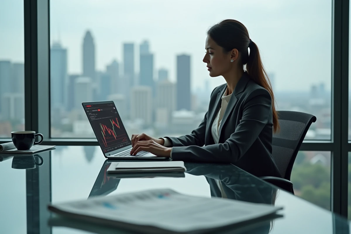 Femme analyste en bourse travaillant sur des graphiques de marchés volatils avec des produits turbos sur tablette et ordinateur