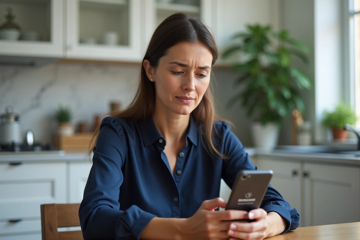 Femme tenant un smartphone avec un message d'accès refusé sur une application bancaire mobile LCL