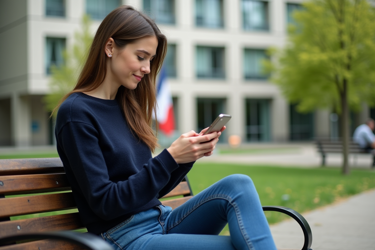 Jeune femme vérifiant ses finances dans un parc urbain en France
