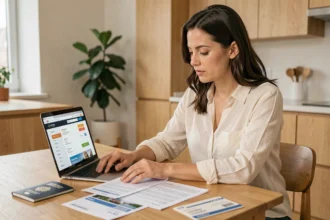 Femme consultant les documents d'assurance voyage Chapka avant un départ à l'étranger
