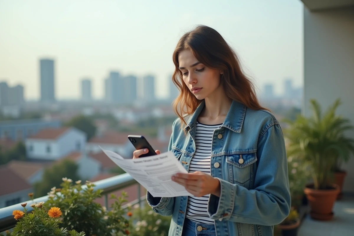 Jeune femme sur le balcon regardant une notice de dette