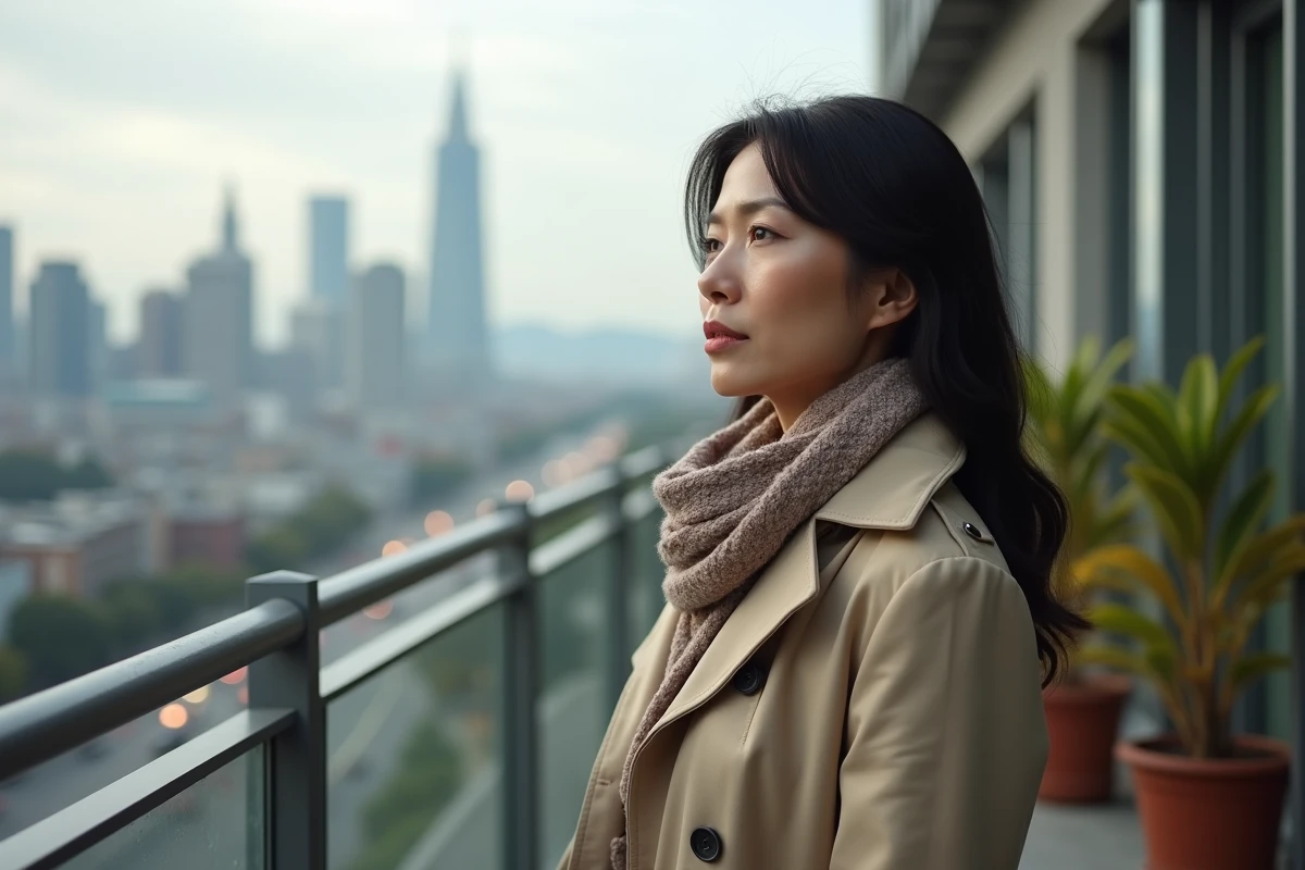 Femme pensive sur un balcon avec vue sur la ville